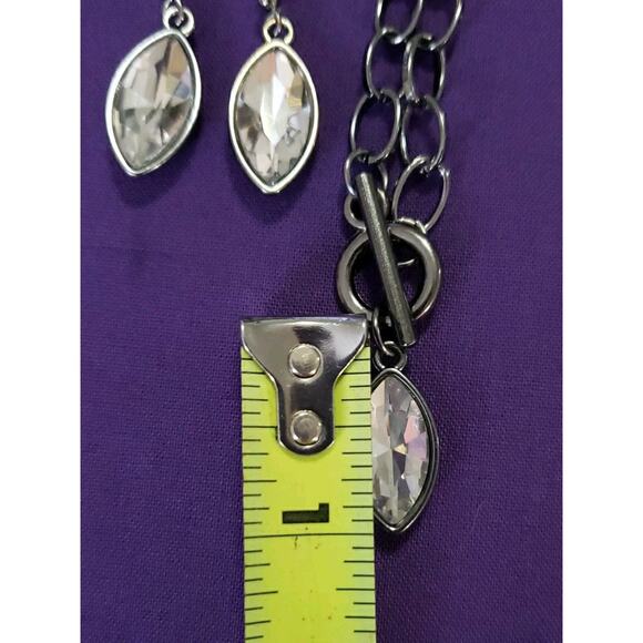 Sparkly Clear Rhinestone Crystal Necklace & Earrings Set Front Toggle Gunmetal - Picture 7 of 8